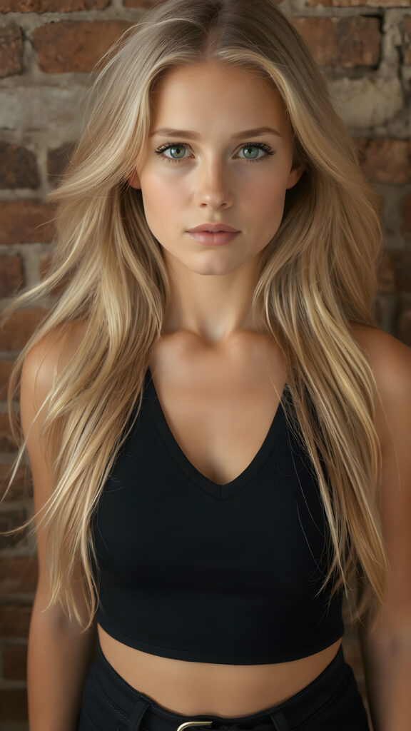 detailed photo from a young well busty girl, wearing black tight cropped tank top with a deep v-neck, flowing long blond hair shine with bright light, against the background of a brick wall