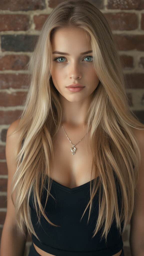 detailed photo from a young well busty girl, wearing black tight cropped tank top with a deep v-neck, flowing long blond hair shine with bright light, against the background of a brick wall