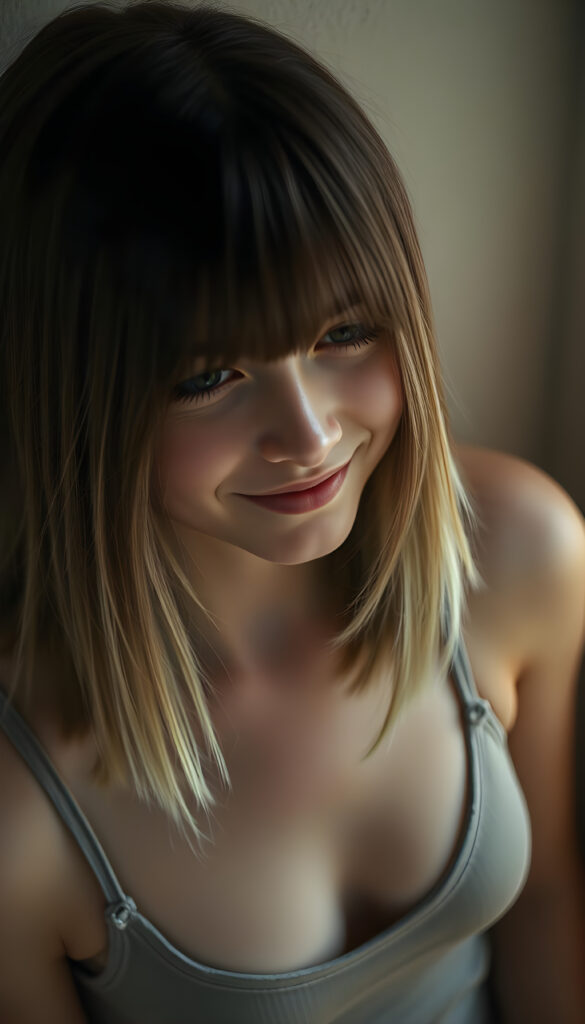 detailed photo from a well busty, deep neckline teen girl with soft brown shoulder-length straight hair with blond highlights framing her face, detailed round face, she wears a thin tank top made of fine wool, view from above, warm smile, wall in backdrop