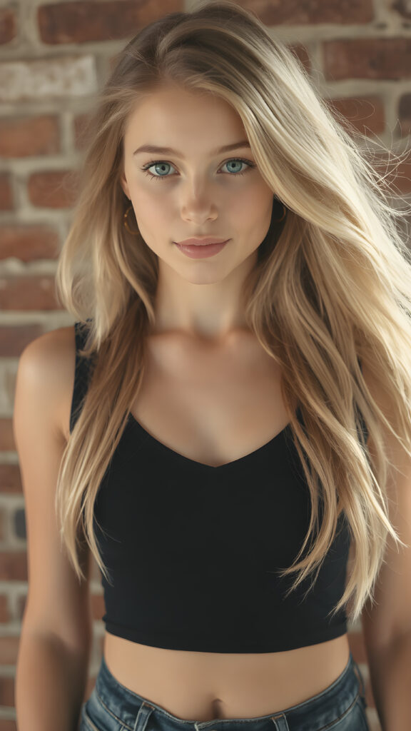 detailed photo from a young well busty girl, wearing black tight cropped tank top with a deep v-neck, flowing long blond hair shine with bright light, against the background of a brick wall