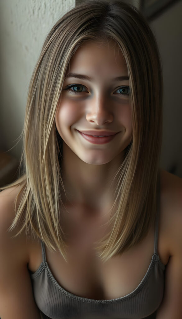 detailed photo from a well busty, deep neckline teen girl with soft brown shoulder-length straight hair with blond highlights framing her face, detailed round face, she wears a thin tank top made of fine wool, view from above, warm smile, wall in backdrop