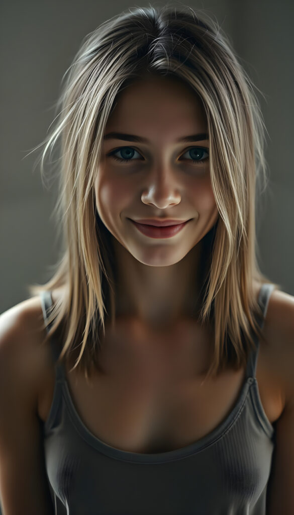 detailed photo from a well busty, deep neckline teen girl with soft brown shoulder-length straight hair with blond highlights framing her face, detailed round face, she wears a thin tank top made of fine wool, view from above, warm smile, wall in backdrop