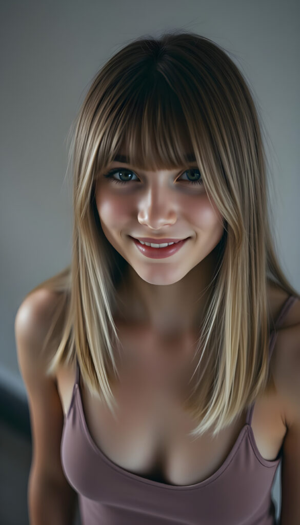 detailed photo from a well busty, deep neckline teen girl with soft brown shoulder-length straight hair with blond highlights framing her face, detailed round face, she wears a thin tank top made of fine wool, view from above, warm smile, wall in backdrop