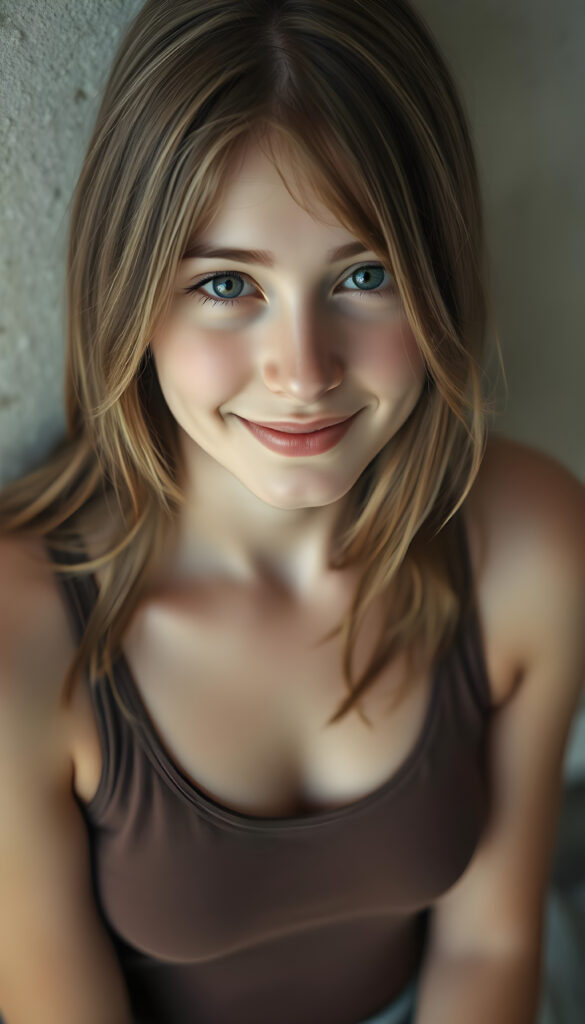 detailed photo from a well busty, deep neckline teen girl with soft brown shoulder-length straight hair with blond highlights framing her face, detailed round face, she wears a thin tank top made of fine wool, view from above, warm smile, wall in backdrop