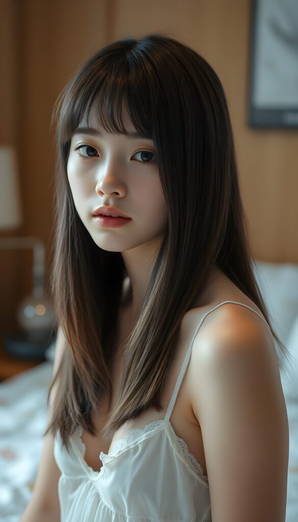 detailed photo: from a (((cute))) (((elegant))) ((attractive)) (((straight hair, same length left and right, falls down))) ((stunning)) a beautifully realistic, cinematic lights, ((teen girl)), 18 years old, getting ready for bed in a short, translucent low cut nightgown, bangs cut, realistic detailed angelic round face, looks tired at the camera