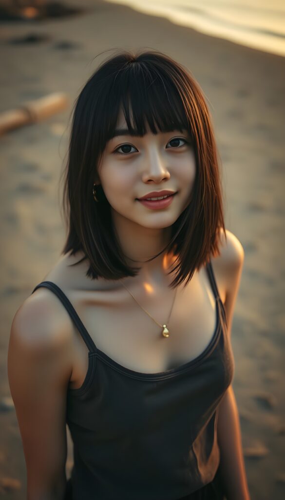 detailed photo: a teen emo girl with soft dark shoulder-length straight hair framing her face in gentle bangs, detailed round face, ((on a lonely beach with a sunrise)), she wears a thin tank top made of fine wool, view from above, warm smile