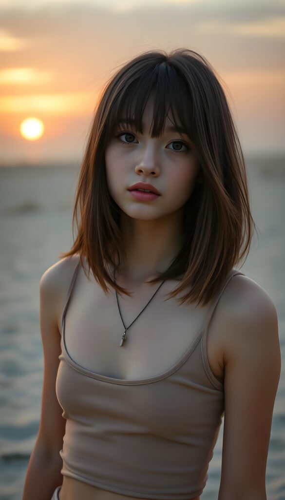 detailed photo: a cute emo girl with soft hazelnut brown shoulder-length straight hair framing her face in gentle bangs, ((on a lonely sandy beach with a sunrise)), she wears a thin cropped tank top.