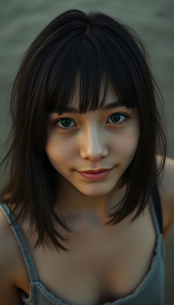 detailed photo: a teen emo girl with soft dark shoulder-length straight hair framing her face in gentle bangs, detailed round face, ((on a lonely beach with a sunrise)), she wears a thin tank top made of fine wool, view from above, warm smile