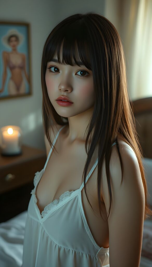 detailed photo: from a (((cute))) (((elegant))) ((attractive)) (((straight hair, same length left and right, falls down))) ((stunning)) a beautifully realistic, cinematic lights, ((teen girl)), 18 years old, getting ready for bed in a short, translucent low cut nightgown, bangs cut, realistic detailed angelic round face, looks tired at the camera