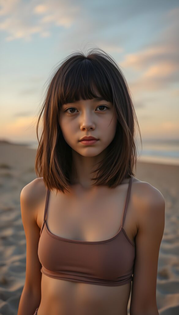 detailed photo: a cute emo girl with soft hazelnut brown shoulder-length straight hair framing her face in gentle bangs, ((on a lonely sandy beach with a sunrise)), she wears a thin cropped tank top.