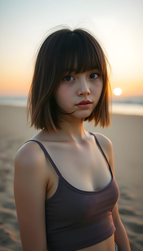 detailed photo: a cute emo girl with soft hazelnut brown shoulder-length straight hair framing her face in gentle bangs, ((on a lonely sandy beach with a sunrise)), she wears a thin cropped tank top.