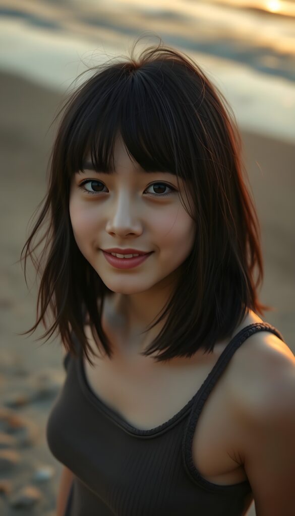detailed photo: a teen emo girl with soft dark shoulder-length straight hair framing her face in gentle bangs, detailed round face, ((on a lonely beach with a sunrise)), she wears a thin tank top made of fine wool, view from above, warm smile