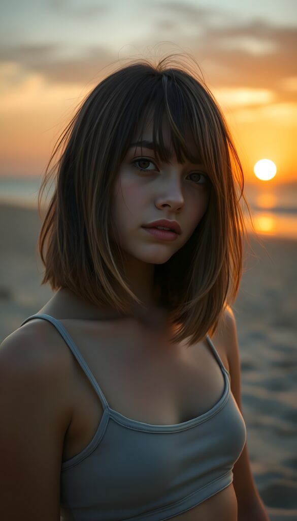 detailed photo: a cute emo girl with soft hazelnut brown shoulder-length straight hair framing her face in gentle bangs, ((on a lonely sandy beach with a sunrise)), she wears a thin cropped tank top.