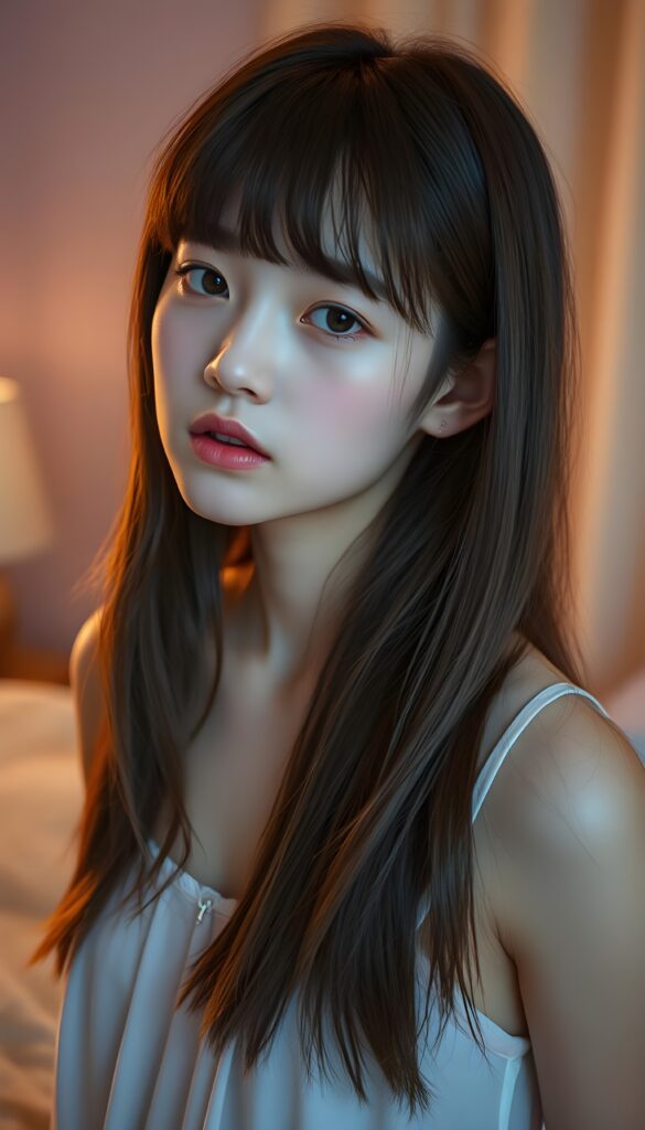 detailed photo: from a (((cute))) (((elegant))) ((attractive)) (((straight hair, same length left and right, falls down))) ((stunning)) a beautifully realistic, cinematic lights, ((teen girl)), 18 years old, getting ready for bed in a short, translucent low cut nightgown, bangs cut, realistic detailed angelic round face, looks tired at the camera