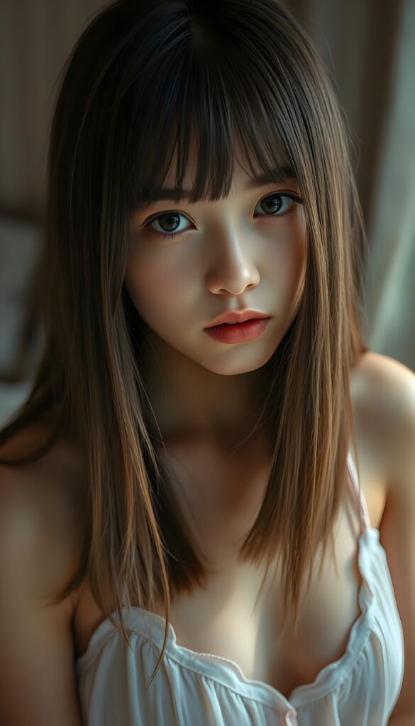 detailed photo: from a (((cute))) (((elegant))) ((attractive)) (((straight hair, same length left and right, falls down))) ((stunning)) a beautifully realistic, cinematic lights, ((teen girl)), 18 years old, getting ready for bed in a short, translucent low cut nightgown, bangs cut, realistic detailed angelic round face, looks tired at the camera