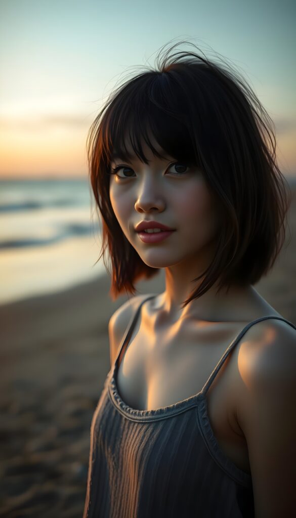 detailed photo: a teen emo girl with soft dark shoulder-length straight hair framing her face in gentle bangs, detailed round face, ((on a lonely beach with a sunrise)), she wears a thin tank top made of fine wool, view from above, warm smile