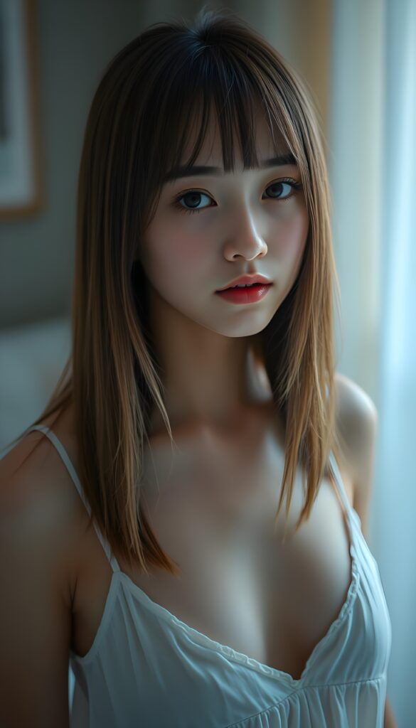 detailed photo: from a (((cute))) (((elegant))) ((attractive)) (((straight hair, same length left and right, falls down))) ((stunning)) a beautifully realistic, cinematic lights, ((teen girl)), 18 years old, getting ready for bed in a short, translucent low cut nightgown, bangs cut, realistic detailed angelic round face, looks tired at the camera