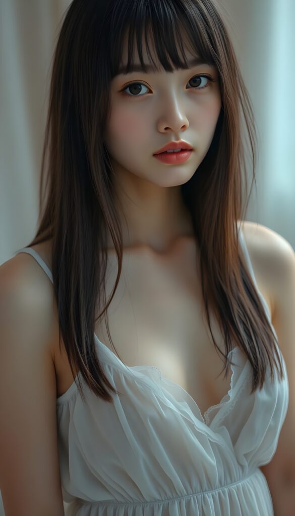 detailed photo: from a (((cute))) (((elegant))) ((attractive)) (((straight hair, same length left and right, falls down))) ((stunning)) a beautifully realistic, cinematic lights, ((teen girl)), 18 years old, getting ready for bed in a short, translucent low cut nightgown, bangs cut, realistic detailed angelic round face, looks tired at the camera