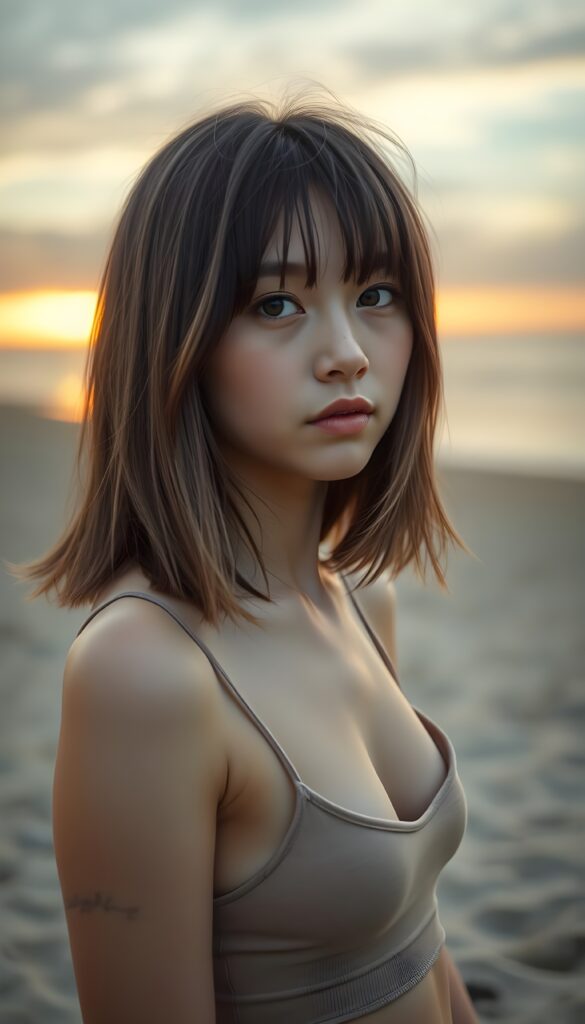 detailed photo: a cute emo girl with soft hazelnut brown shoulder-length straight hair framing her face in gentle bangs, ((on a lonely sandy beach with a sunrise)), she wears a thin cropped tank top.