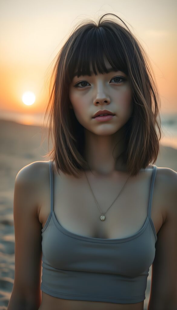 detailed photo: a cute emo girl with soft hazelnut brown shoulder-length straight hair framing her face in gentle bangs, ((on a lonely sandy beach with a sunrise)), she wears a thin cropped tank top.