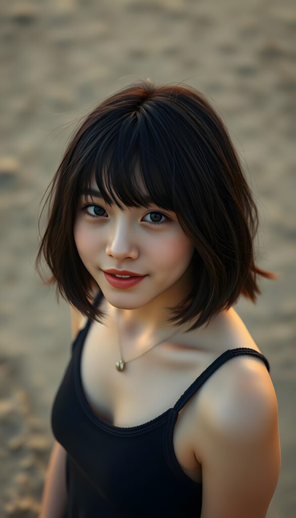 detailed photo: a teen emo girl with soft dark shoulder-length straight hair framing her face in gentle bangs, detailed round face, ((on a lonely beach with a sunrise)), she wears a thin tank top made of fine wool, view from above, warm smile