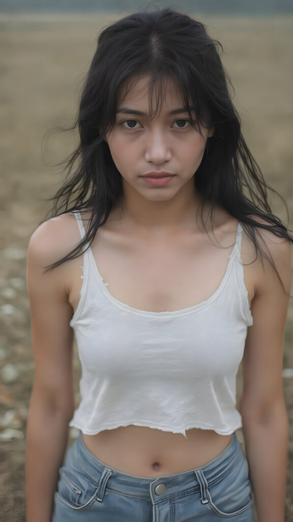detailed photograph depicting a (((upper body shot))) of a (((beautiful but distressed Asian teen girl))) with flowing black hair, (((wet skin))), and (((dark and tired eyes))), dressed in a ((short, translucent white tank top)), that gently floats off her shoulders, and ((tired, worn blue jeans)). She stands in a (vast, open field), slightly tilted towards the viewer, looking directly into the camera. Her expression is one of melancholy and hopelessness, as if her future is grim and bleak, which contains a few, (very worn and torn) pieces of (((torn, stained white clothes))) and a few (((dirty, torn fabric rags))) that cover her pitifully minimal clothing. It should be emphasised that her overall appearance is ((extremely modest and understated)), with her ((wet, dark hair)) and ((sad, tired face)) contrasting against the ((dreary, yet beautiful)) autumn setting.