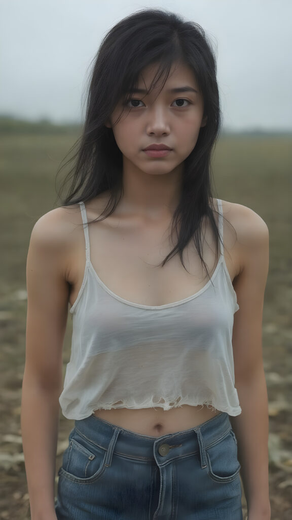 detailed photograph depicting a (((upper body shot))) of a (((beautiful but distressed Asian teen girl))) with flowing black hair, (((wet skin))), and (((dark and tired eyes))), dressed in a ((short, translucent white tank top)), that gently floats off her shoulders, and ((tired, worn blue jeans)). She stands in a (vast, open field), slightly tilted towards the viewer, looking directly into the camera. Her expression is one of melancholy and hopelessness, as if her future is grim and bleak, which contains a few, (very worn and torn) pieces of (((torn, stained white clothes))) and a few (((dirty, torn fabric rags))) that cover her pitifully minimal clothing. It should be emphasised that her overall appearance is ((extremely modest and understated)), with her ((wet, dark hair)) and ((sad, tired face)) contrasting against the ((dreary, yet beautiful)) autumn setting.