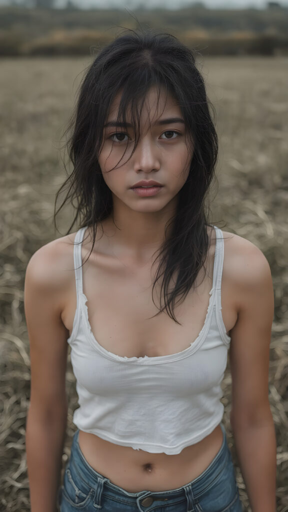 detailed photograph depicting a (((upper body shot))) of a (((beautiful but distressed Asian teen girl))) with flowing black hair, (((wet skin))), and (((dark and tired eyes))), dressed in a ((short, translucent white tank top)), that gently floats off her shoulders, and ((tired, worn blue jeans)). She stands in a (vast, open field), slightly tilted towards the viewer, looking directly into the camera. Her expression is one of melancholy and hopelessness, as if her future is grim and bleak, which contains a few, (very worn and torn) pieces of (((torn, stained white clothes))) and a few (((dirty, torn fabric rags))) that cover her pitifully minimal clothing. It should be emphasised that her overall appearance is ((extremely modest and understated)), with her ((wet, dark hair)) and ((sad, tired face)) contrasting against the ((dreary, yet beautiful)) autumn setting.