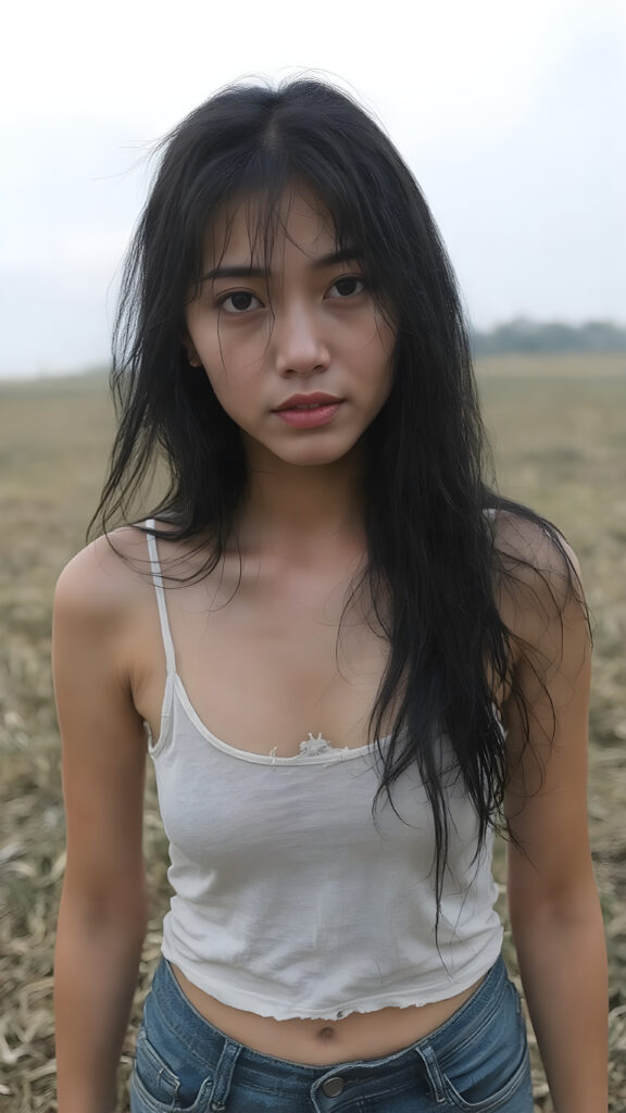 detailed photograph depicting a (((upper body shot))) of a (((beautiful but distressed Asian teen girl))) with flowing black hair, (((wet skin))), and (((dark and tired eyes))), dressed in a ((short, translucent white tank top)), that gently floats off her shoulders, and ((tired, worn blue jeans)). She stands in a (vast, open field), slightly tilted towards the viewer, looking directly into the camera. Her expression is one of melancholy and hopelessness, as if her future is grim and bleak, which contains a few, (very worn and torn) pieces of (((torn, stained white clothes))) and a few (((dirty, torn fabric rags))) that cover her pitifully minimal clothing. It should be emphasised that her overall appearance is ((extremely modest and understated)), with her ((wet, dark hair)) and ((sad, tired face)) contrasting against the ((dreary, yet beautiful)) autumn setting.