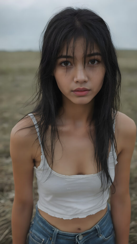 detailed photograph depicting a (((upper body shot))) of a (((beautiful but distressed Asian teen girl))) with flowing black hair, (((wet skin))), and (((dark and tired eyes))), dressed in a ((short, translucent white tank top)), that gently floats off her shoulders, and ((tired, worn blue jeans)). She stands in a (vast, open field), slightly tilted towards the viewer, looking directly into the camera. Her expression is one of melancholy and hopelessness, as if her future is grim and bleak, which contains a few, (very worn and torn) pieces of (((torn, stained white clothes))) and a few (((dirty, torn fabric rags))) that cover her pitifully minimal clothing. It should be emphasised that her overall appearance is ((extremely modest and understated)), with her ((wet, dark hair)) and ((sad, tired face)) contrasting against the ((dreary, yet beautiful)) autumn setting.