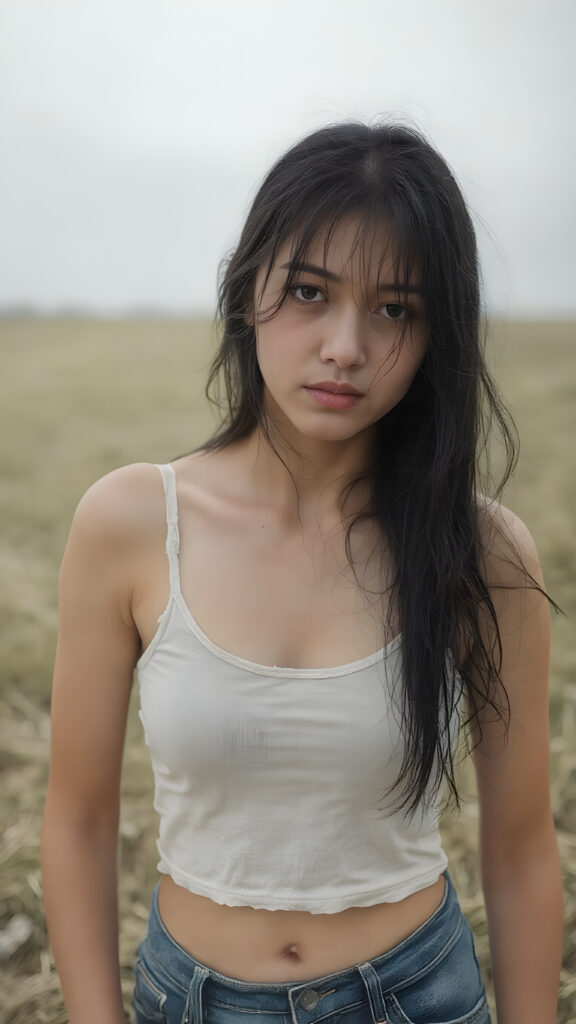 detailed photograph depicting a (((upper body shot))) of a (((beautiful but distressed Asian teen girl))) with flowing black hair, (((wet skin))), and (((dark and tired eyes))), dressed in a ((short, translucent white tank top)), that gently floats off her shoulders, and ((tired, worn blue jeans)). She stands in a (vast, open field), slightly tilted towards the viewer, looking directly into the camera. Her expression is one of melancholy and hopelessness, as if her future is grim and bleak, which contains a few, (very worn and torn) pieces of (((torn, stained white clothes))) and a few (((dirty, torn fabric rags))) that cover her pitifully minimal clothing. It should be emphasised that her overall appearance is ((extremely modest and understated)), with her ((wet, dark hair)) and ((sad, tired face)) contrasting against the ((dreary, yet beautiful)) autumn setting.