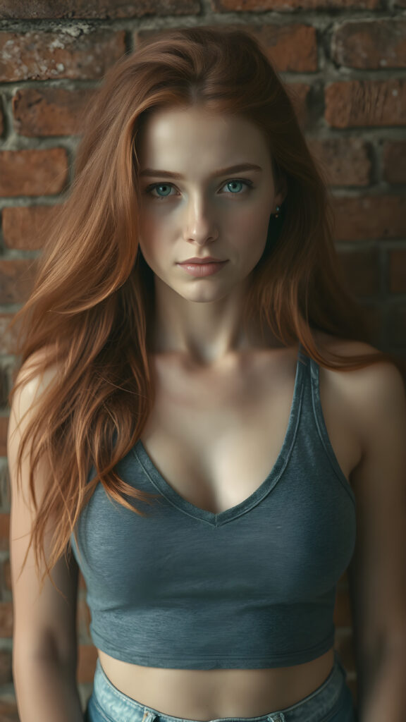 detailed portrait photo (1:3), from a well busty teen girl, wearing grey tight cropped tank top with a deep v-neck, flowing long red jet soft hair, against the background of a brick wall