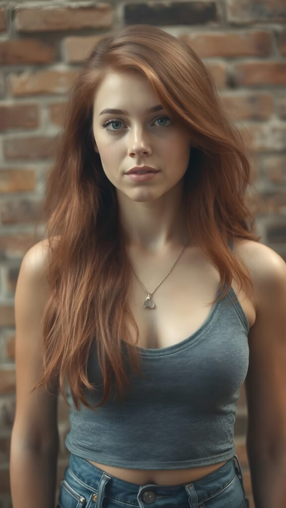 detailed portrait photo (1:3), from a well busty teen girl, wearing grey tight cropped tank top with a deep v-neck, flowing long red jet soft hair, against the background of a brick wall