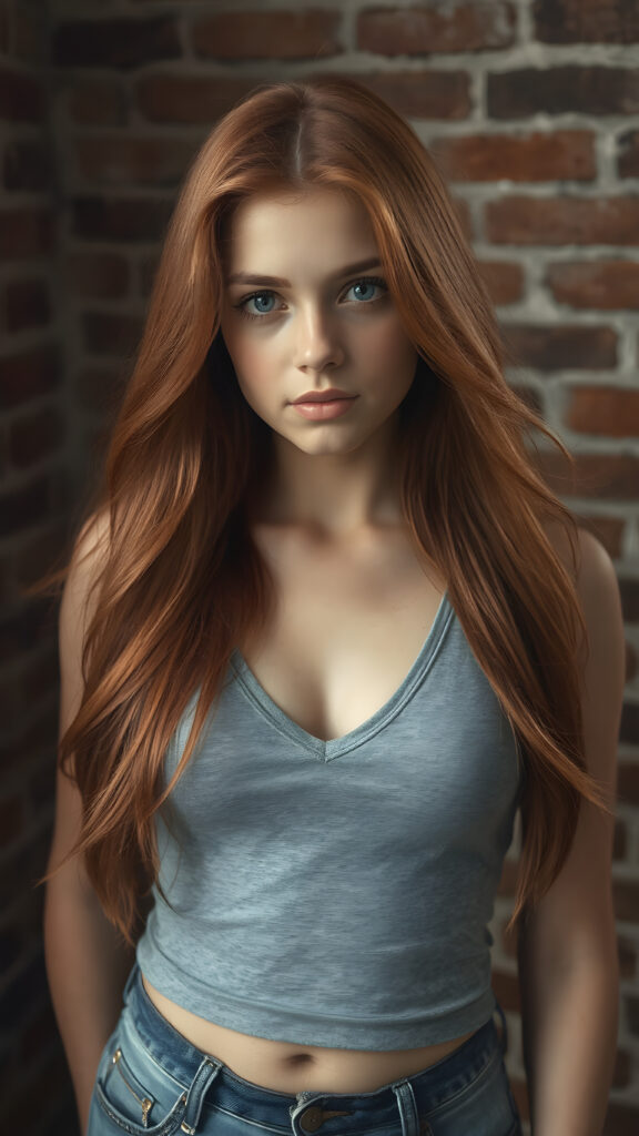 detailed portrait photo (1:3), from a well busty teen girl, wearing grey tight cropped tank top with a deep v-neck, flowing long red jet soft hair, against the background of a brick wall