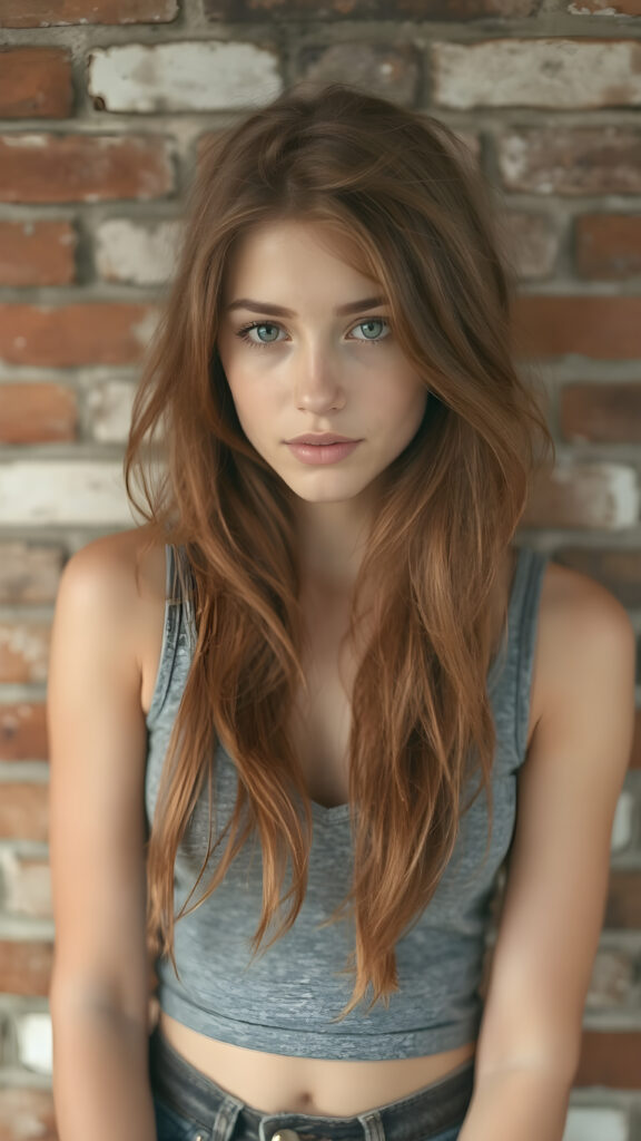 detailed portrait photo (1:3), from a well busty teen girl, wearing grey tight cropped tank top with a deep v-neck, flowing long red jet soft hair, against the background of a brick wall