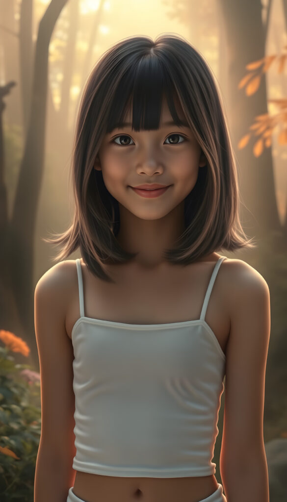 In a fantastical, dreamlike setting, a young Asian girl with shoulder-length black hair accented with warm brown highlights stands confidently against a softly glowing, ethereal backdrop. Her hair cascades in smooth waves, framing her face beautifully. She wears a white, cropped spaghetti tank top that clings gently to her form, accentuating her cute round belly button. Her gaze is captivating, meeting the viewer with a warm, inviting smile. The lighting is soft and golden, casting a magical glow that enhances her delicate features and the subtle sheen of her skin. Around her, the environment transitions from a misty forest to a vibrant, abstract landscape, blending natural and surreal elements, creating a sense of wonder and enchantment.