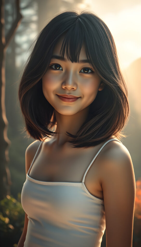 In a fantastical, dreamlike setting, a young Asian girl with shoulder-length black hair accented with warm brown highlights stands confidently against a softly glowing, ethereal backdrop. Her hair cascades in smooth waves, framing her face beautifully. She wears a white, cropped spaghetti tank top that clings gently to her form, accentuating her cute round belly button. Her gaze is captivating, meeting the viewer with a warm, inviting smile. The lighting is soft and golden, casting a magical glow that enhances her delicate features and the subtle sheen of her skin. Around her, the environment transitions from a misty forest to a vibrant, abstract landscape, blending natural and surreal elements, creating a sense of wonder and enchantment.