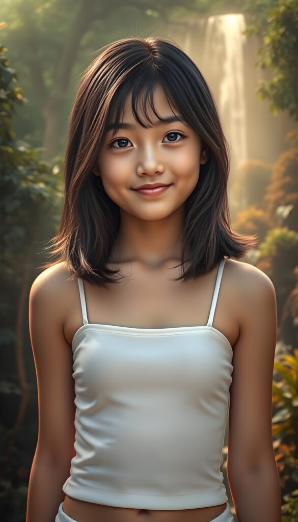 In a fantastical, dreamlike setting, a young Asian girl with shoulder-length black hair accented with warm brown highlights stands confidently against a softly glowing, ethereal backdrop. Her hair cascades in smooth waves, framing her face beautifully. She wears a white, cropped spaghetti tank top that clings gently to her form, accentuating her cute round belly button. Her gaze is captivating, meeting the viewer with a warm, inviting smile. The lighting is soft and golden, casting a magical glow that enhances her delicate features and the subtle sheen of her skin. Around her, the environment transitions from a misty forest to a vibrant, abstract landscape, blending natural and surreal elements, creating a sense of wonder and enchantment.