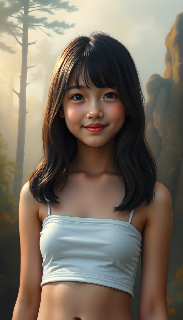 In a fantastical, dreamlike setting, a young Asian girl with shoulder-length black hair accented with warm brown highlights stands confidently against a softly glowing, ethereal backdrop. Her hair cascades in smooth waves, framing her face beautifully. She wears a white, cropped spaghetti tank top that clings gently to her form, accentuating her cute round belly button. Her gaze is captivating, meeting the viewer with a warm, inviting smile. The lighting is soft and golden, casting a magical glow that enhances her delicate features and the subtle sheen of her skin. Around her, the environment transitions from a misty forest to a vibrant, abstract landscape, blending natural and surreal elements, creating a sense of wonder and enchantment.
