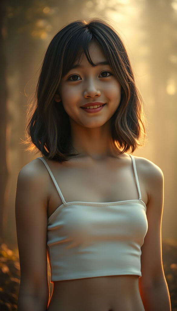 In a fantastical, dreamlike setting, a young Asian girl with shoulder-length black hair accented with warm brown highlights stands confidently against a softly glowing, ethereal backdrop. Her hair cascades in smooth waves, framing her face beautifully. She wears a white, cropped spaghetti tank top that clings gently to her form, accentuating her cute round belly button. Her gaze is captivating, meeting the viewer with a warm, inviting smile. The lighting is soft and golden, casting a magical glow that enhances her delicate features and the subtle sheen of her skin. Around her, the environment transitions from a misty forest to a vibrant, abstract landscape, blending natural and surreal elements, creating a sense of wonder and enchantment.