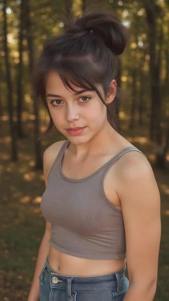 eine (((Ganzkörper-Silhouette-Aufnahme))) eines (((Teenager-Mädchens))) mit leicht (((dünnem, aber athletischem Körperbau))), obsidianschwarzem Haar, das über ihre Schultern reicht und zu lockeren Ponyfrisuren gestylt ist Sie hat schmollende Lippen und einen gelassenen Gesichtsausdruck, trägt ein naturfarbenes, kurzes Tanktop und eine enge Jeans, die ihrer Figur schmeichelt, ihre Augen haben einen sanften Ausdruck, der Hintergrund ist ein nebliger Wald mit goldenen Reflexen, der einen warmen und einladenden Eindruck vermittelt Glanz auf ihrem Gesicht und Haut und schafft eine ruhige und einladende Atmosphäre