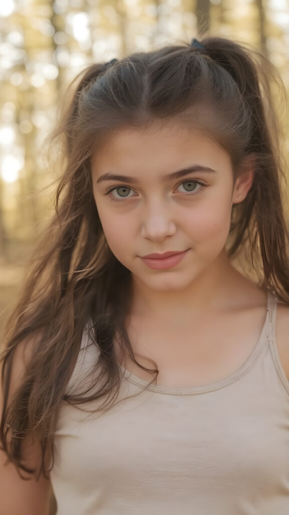 eine (((Ganzkörper-Silhouette-Aufnahme))) eines (((Teenager-Mädchens))) mit leicht (((dünnem, aber athletischem Körperbau))), obsidianschwarzem Haar, das über ihre Schultern reicht und zu lockeren Ponyfrisuren gestylt ist Sie hat schmollende Lippen und einen gelassenen Gesichtsausdruck, trägt ein naturfarbenes, kurzes Tanktop und eine enge Jeans, die ihrer Figur schmeichelt, ihre Augen haben einen sanften Ausdruck, der Hintergrund ist ein nebliger Wald mit goldenen Reflexen, der einen warmen und einladenden Eindruck vermittelt Glanz auf ihrem Gesicht und Haut und schafft eine ruhige und einladende Atmosphäre