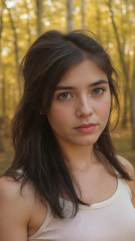 eine (((Ganzkörper-Silhouette-Aufnahme))) eines (((Teenager-Mädchens))) mit leicht (((dünnem, aber athletischem Körperbau))), obsidianschwarzem Haar, das über ihre Schultern reicht und zu lockeren Ponyfrisuren gestylt ist Sie hat schmollende Lippen und einen gelassenen Gesichtsausdruck, trägt ein naturfarbenes, kurzes Tanktop und eine enge Jeans, die ihrer Figur schmeichelt, ihre Augen haben einen sanften Ausdruck, der Hintergrund ist ein nebliger Wald mit goldenen Reflexen, der einen warmen und einladenden Eindruck vermittelt Glanz auf ihrem Gesicht und Haut und schafft eine ruhige und einladende Atmosphäre