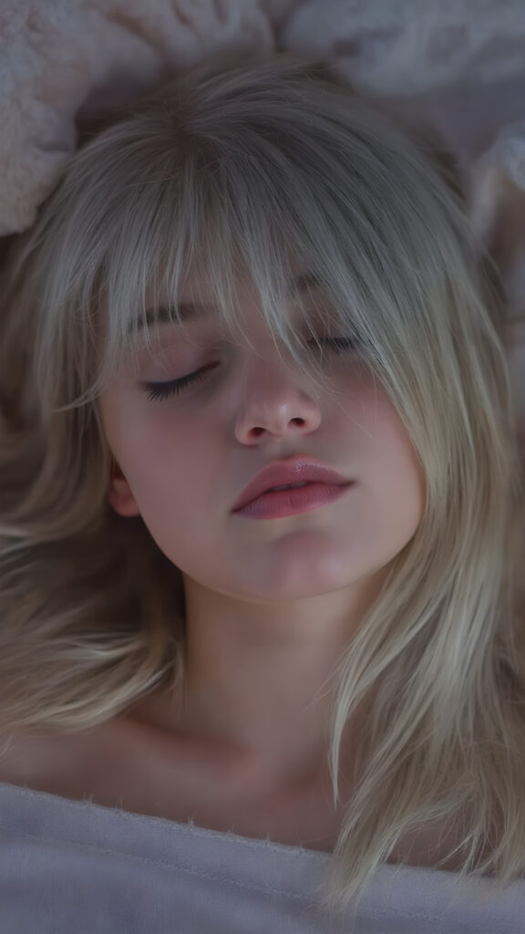 ((extremely cute)) ((attractive)) a (((long, straight, thick, untucked natural white platinum blonde hair with roots which are pale and fluffy, flowing gently down to her waist and softly curling into a delicate, soft glow))), she also has (full, thick, natural lips), that are painted in (soft, pastel) hues, which are just barely parted. She's (sleeping) on her back, with her head turned slightly to meet the camera's eye, as the teen girl falls into a deep slumber, her eyelashes fluttering gently, as if caught in a (moment of repose). The scene is (dimly lit) by soft, pastel hues, evoking a sense of (comfortable, peacefulness)