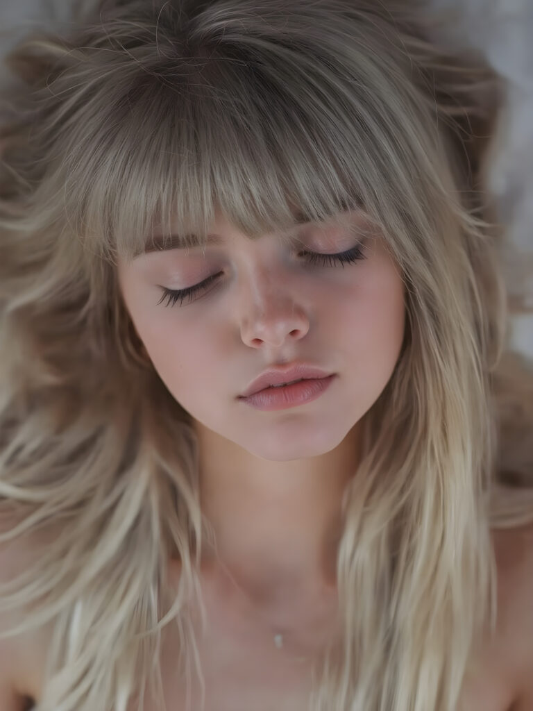 ((extremely cute)) ((attractive)) a (((long, straight, thick, untucked natural white platinum blonde hair with roots which are pale and fluffy, flowing gently down to her waist and softly curling into a delicate, soft glow, bangs cut))), she also has (full, thick, natural lips), that are painted in (soft, pastel) hues, which are just barely parted. She's (sleeping) on her back, with her head turned slightly to meet the camera's eye, as the teen girl falls into a deep slumber, her eyelashes fluttering gently, as if caught in a (moment of repose). The scene is (dimly lit) by soft, pastel hues, evoking a sense of (comfortable, peacefulness)
