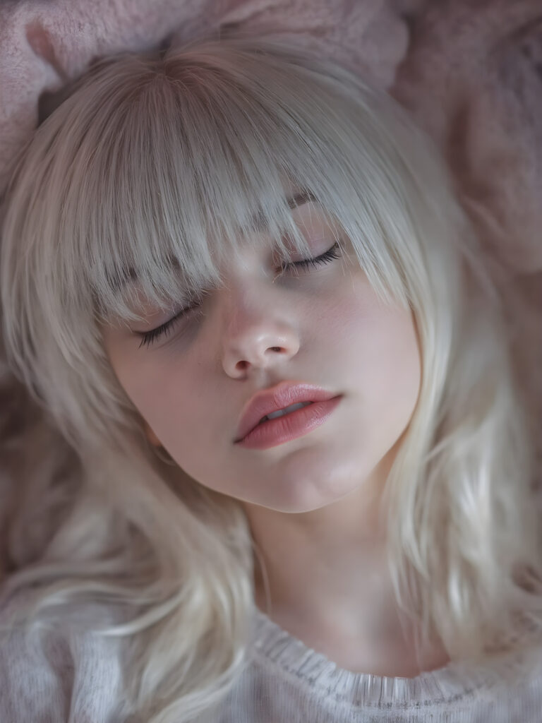 ((extremely cute)) ((attractive)) a (((long, straight, thick, untucked natural white platinum blonde hair with roots which are pale and fluffy, flowing gently down to her waist and softly curling into a delicate, soft glow, bangs cut))), she also has (full, thick, natural lips), that are painted in (soft, pastel) hues, which are just barely parted. She's (sleeping) on her back, with her head turned slightly to meet the camera's eye, as the teen girl falls into a deep slumber, her eyelashes fluttering gently, as if caught in a (moment of repose). The scene is (dimly lit) by soft, pastel hues, evoking a sense of (comfortable, peacefulness)