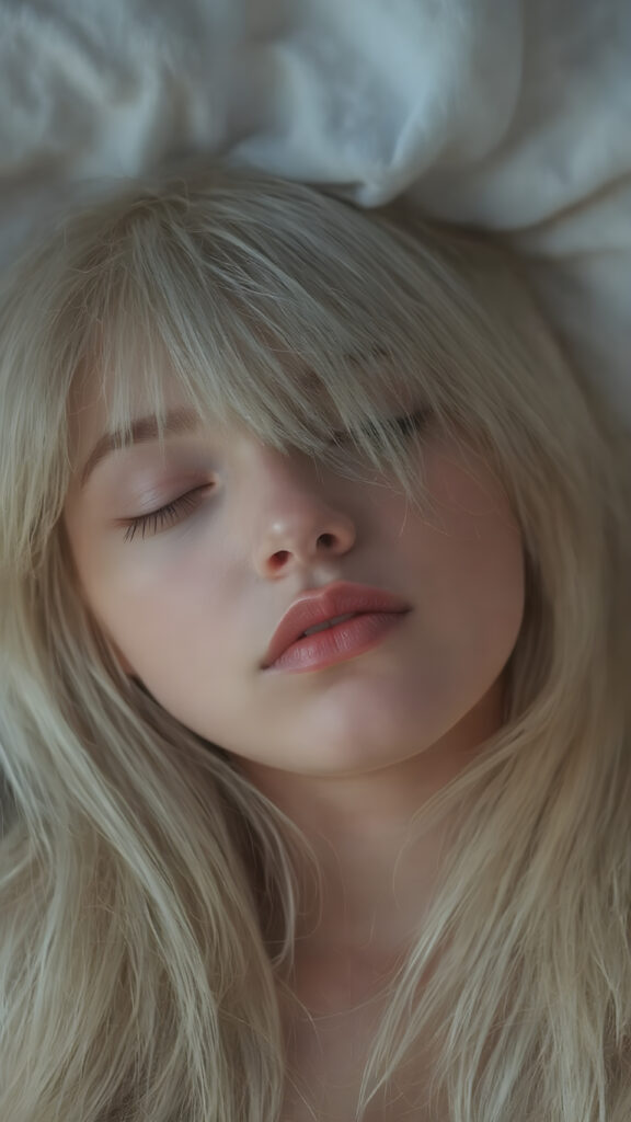 ((extremely cute)) ((attractive)) a (((long, straight, thick, untucked natural white platinum blonde hair with roots which are pale and fluffy, flowing gently down to her waist and softly curling into a delicate, soft glow))), she also has (full, thick, natural lips), that are painted in (soft, pastel) hues, which are just barely parted. She's (sleeping) on her back, with her head turned slightly to meet the camera's eye, as the teen girl falls into a deep slumber, her eyelashes fluttering gently, as if caught in a (moment of repose). The scene is (dimly lit) by soft, pastel hues, evoking a sense of (comfortable, peacefulness)