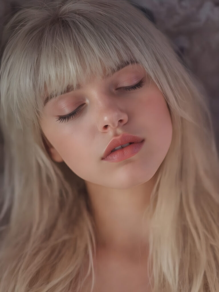 ((extremely cute)) ((attractive)) a (((long, straight, thick, untucked natural white platinum blonde hair with roots which are pale and fluffy, flowing gently down to her waist and softly curling into a delicate, soft glow, bangs cut))), she also has (full, thick, natural lips), that are painted in (soft, pastel) hues, which are just barely parted. She's (sleeping) on her back, with her head turned slightly to meet the camera's eye, as the teen girl falls into a deep slumber, her eyelashes fluttering gently, as if caught in a (moment of repose). The scene is (dimly lit) by soft, pastel hues, evoking a sense of (comfortable, peacefulness)