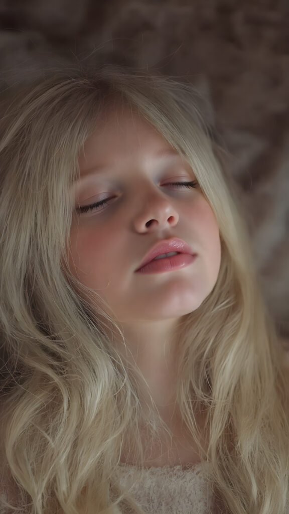 ((extremely cute)) ((attractive)) a (((long, straight, thick, untucked natural white platinum blonde hair with roots which are pale and fluffy, flowing gently down to her waist and softly curling into a delicate, soft glow))), she also has (full, thick, natural lips), that are painted in (soft, pastel) hues, which are just barely parted. She's (sleeping) on her back, with her head turned slightly to meet the camera's eye, as the teen girl falls into a deep slumber, her eyelashes fluttering gently, as if caught in a (moment of repose). The scene is (dimly lit) by soft, pastel hues, evoking a sense of (comfortable, peacefulness)