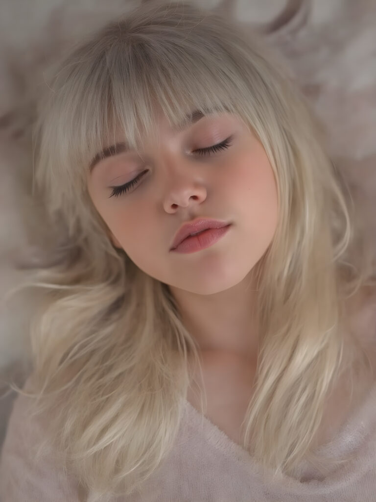 ((extremely cute)) ((attractive)) a (((long, straight, thick, untucked natural white platinum blonde hair with roots which are pale and fluffy, flowing gently down to her waist and softly curling into a delicate, soft glow, bangs cut))), she also has (full, thick, natural lips), that are painted in (soft, pastel) hues, which are just barely parted. She's (sleeping) on her back, with her head turned slightly to meet the camera's eye, as the teen girl falls into a deep slumber, her eyelashes fluttering gently, as if caught in a (moment of repose). The scene is (dimly lit) by soft, pastel hues, evoking a sense of (comfortable, peacefulness)